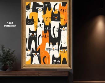 Funny Cat Canvas Wall Art, Orange and Black Kittens Illustration, Mid Century Modern Decor, Cute Nursery Animal Print, Cat Lover Gift