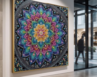 手描きドット曼荼羅風景画：カラフルな点描、ボヘミアン風禅風