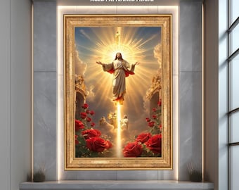 Religious Jesus Ascension Wall Art Print, Christian Faith Poster, Sacred Divine Light Artwork, Inspirational Spiritual Home Decor