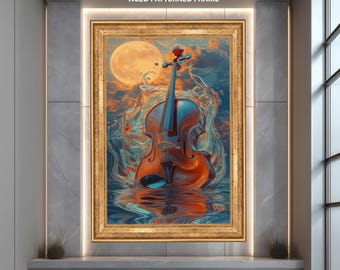 Moonlight Violin Fantasy Wall Art, Surreal Musical Oil Painting on Canvas, Dreamy Abstract Cello Decor for Music Lover Interiors