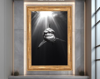 Great White Shark Wall Art Print, Ocean Predator Poster, Black and White Marine Life Photography, Deep Sea Wildlife Artwork Decor