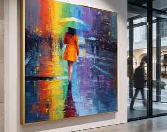 カラフルな傘の散歩道のキャンバスアート：抽象印象派の雨の絵画