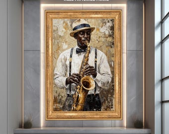 Op de afbeelding: Een schilderij in een verouderde, patroonrijke lijst toont een persoon die een saxofoon bespeelt. De persoon draagt een wit overhemd, een zwarte vlinderdas en bretels. De saxofoon is goudkleurig en de achtergrond heeft een abstract, getextureerd ontwerp.