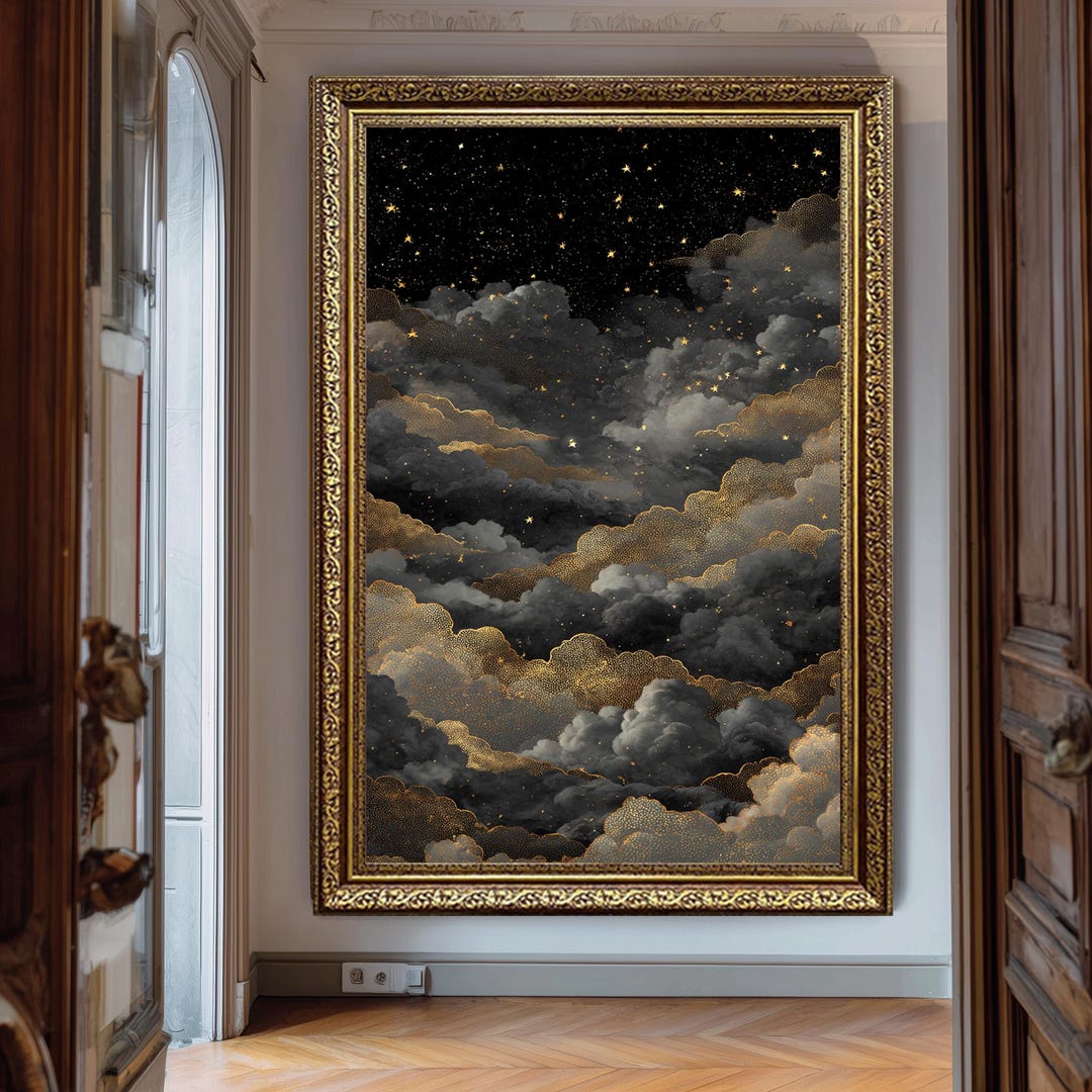 Celestial Cloud Night Sky Wall Art Dark Gold Starry Printable Poster ...