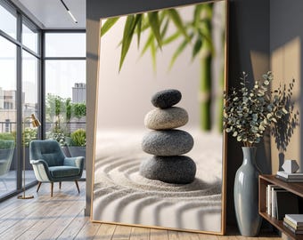 Zen-stenstapelcanvas, minimalistisk spa-väggkonst, avkopplande sandträdgårdscanvas, lugn heminredning, meditationsinspirerat konstverk