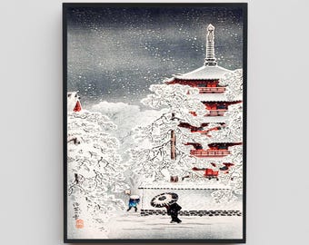 浅野武二による日本のアートプリント「東寺の雪」、木版画、ジクレー