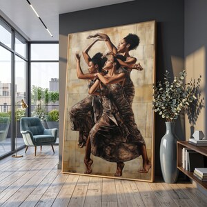 Movimientos de danza contemporánea elegantes, lienzo de ballet de mujer negra, arte mural de poses elegantes, expresión de danza moderna, lienzo para decoración del hogar