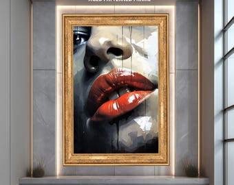 Rote Lippen Wand-Kunstdruck, mutiges Pop Art Gesicht Poster, moderne abstrakte Frau Porträt Kunstwerk, zeitgenössische Mode Wohnkultur