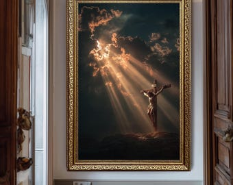 Jesus Crucifixion Wall Art Canvas Art Christian Religious Poster Spiritual Artwork Light Rays from Heaven Calvary Decor
