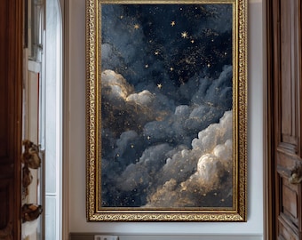 Celestial Starry Cloud Wall Art Printable Dark Blue Gold Nachthimmel Poster Verträumte Galaxie Leinwand Dekor für Schlafzimmer Astrologie Liebhaber