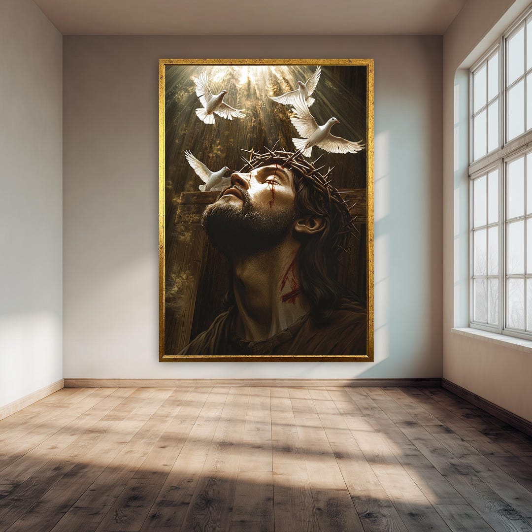 Jesus Christ Wall Art Print With Crown of Thorns and Doves, Christian ...