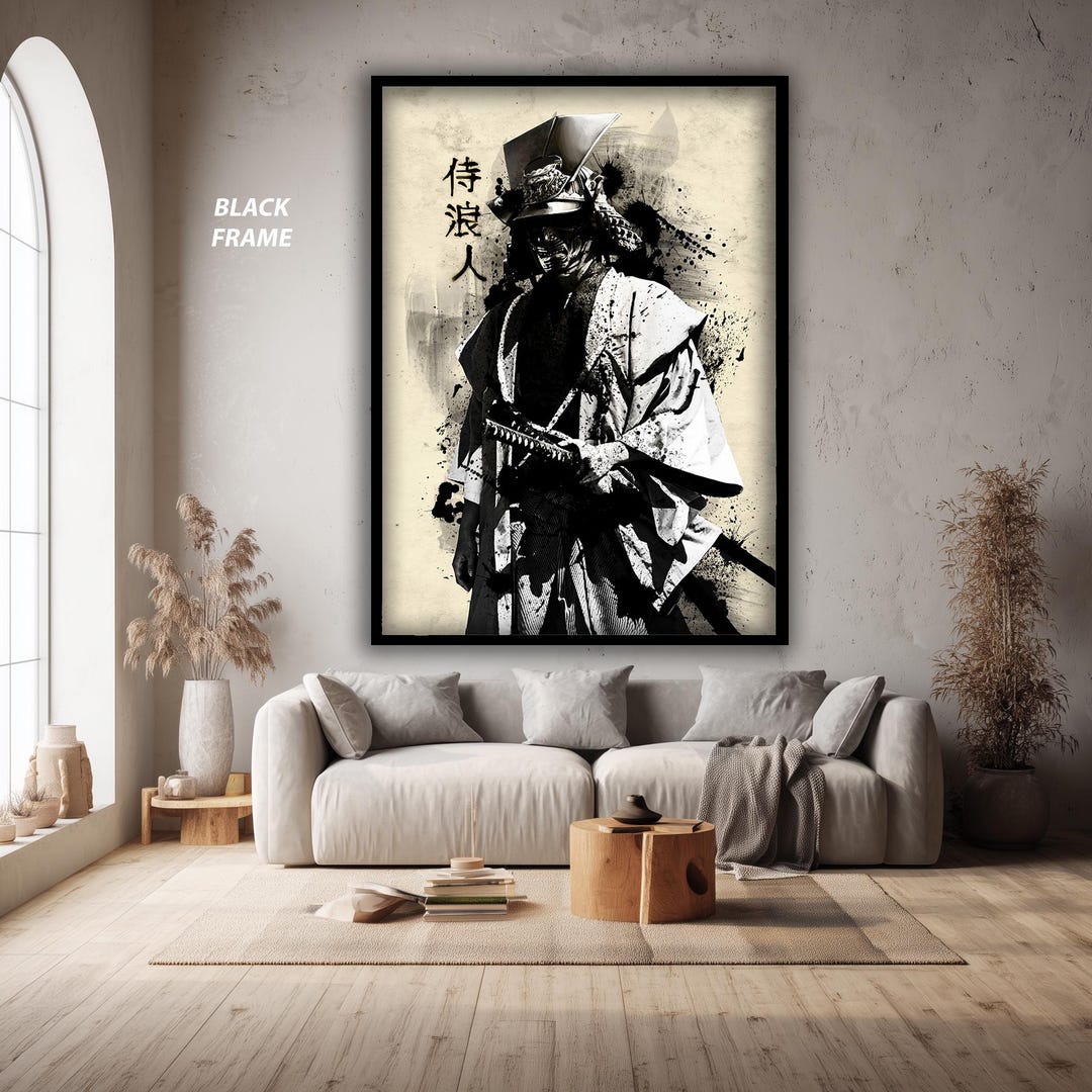 Samurai Warrior Wall Art Print, Japanese Ink Style Katana Poster, Black ...