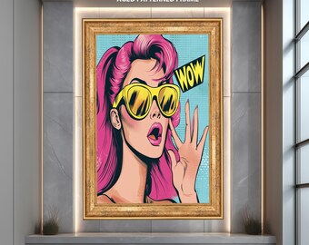 Wow Girl Pop Art Canvas Wall Art, Retro Comic Style Woman Print