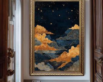 Goldene Wolke und Sternenhimmel Leinwand Kunstdruck | Mystische himmlische Wandkunst für Schlafzimmer Wohnzimmer oder Meditation Dekor