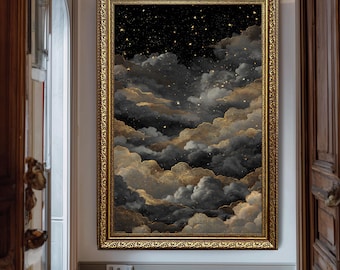 Himmlische Wolke Nachthimmel Wand Kunst dunkel Gold Sternenhimmel druckbares Poster elegante Galaxy Traumlandschaft Leinwand Dekor für Schlafzimmer Meditation