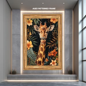 Tropical Giraffe Canvas Wall Art | Jungle Safari Animal Print with Exotic Flowers | Boho Wildlife Decor for Nursery or Living Room