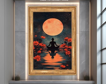 Meditation Wall Art Print with Lotus Flowers and Full Moon, Spiritual Zen Poster, Yoga Mindfulness Artwork for Calm Room Decor
