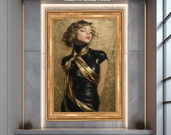Luxury Portrait of Elegant Woman in Black and Gold Dress – Glam Modern Wall Art Print, Fashion Inspired Decorative Female Poster