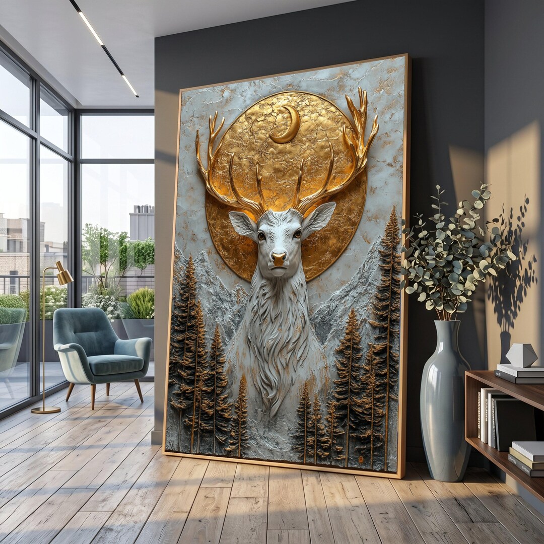 Majestic Deer With Gold Moon Canvas, Rustic Forest Wall Art, Nature ...