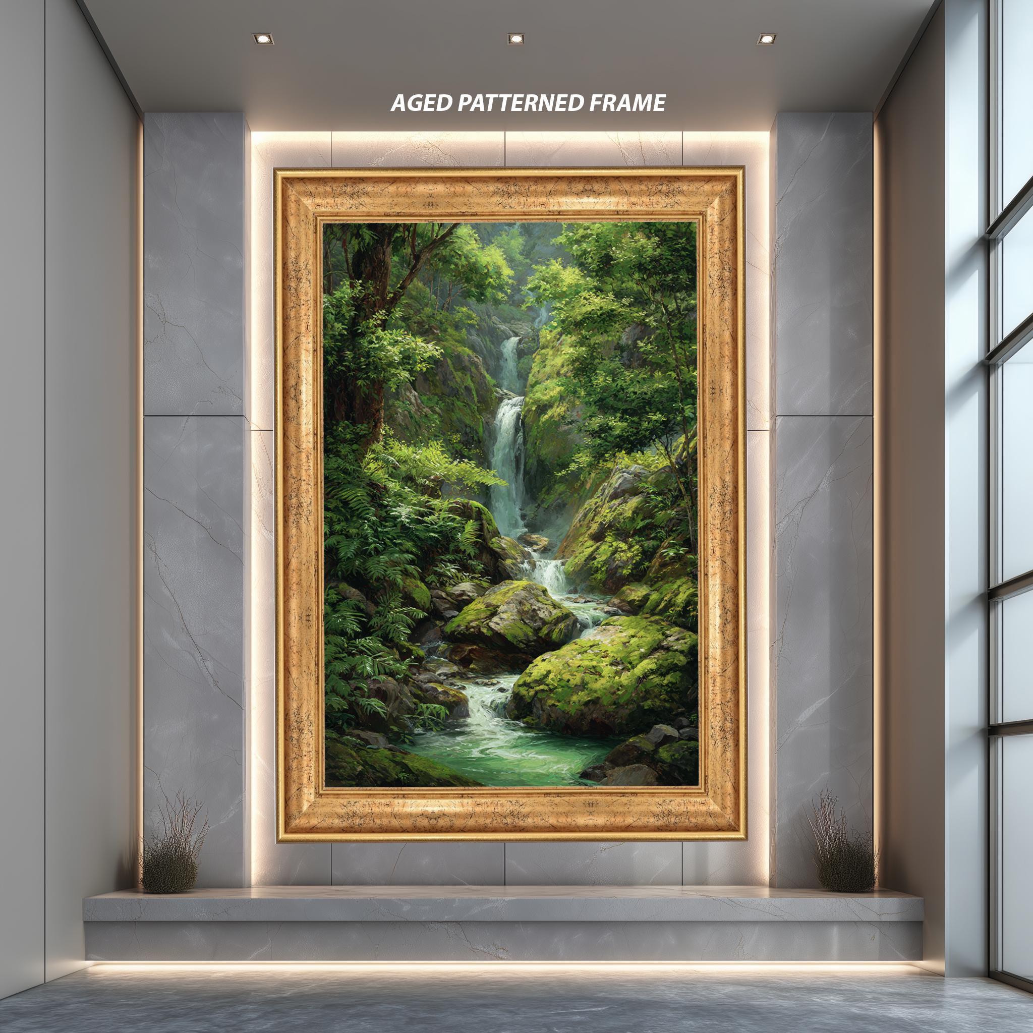 緑豊かな岩が描かれた、穏やかな滝のある森のアートプリント – 静寂な