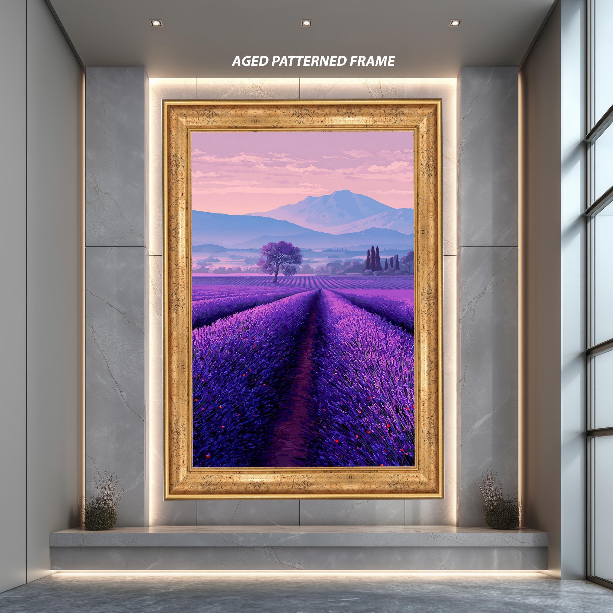 ラベンダー畑と山の景色を描いたキャンバスアートプリント - 紫色の