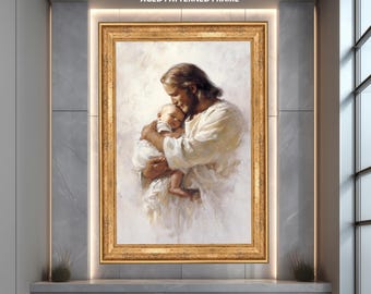 Puede incluir: Una impresión enmarcada que presenta una imagen religiosa de un hombre con túnicas blancas acunando a un bebé. La obra de arte está enmarcada en un marco dorado con un patrón envejecido. El texto "AGED PATTERNED FRAME" está en la parte superior.