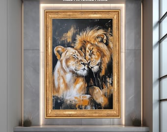 Lion Couple Wall Art Print, Romantic Wildlife Print Poster, Majestic Animal Love Artwork, Safari King and Queen Home Decor