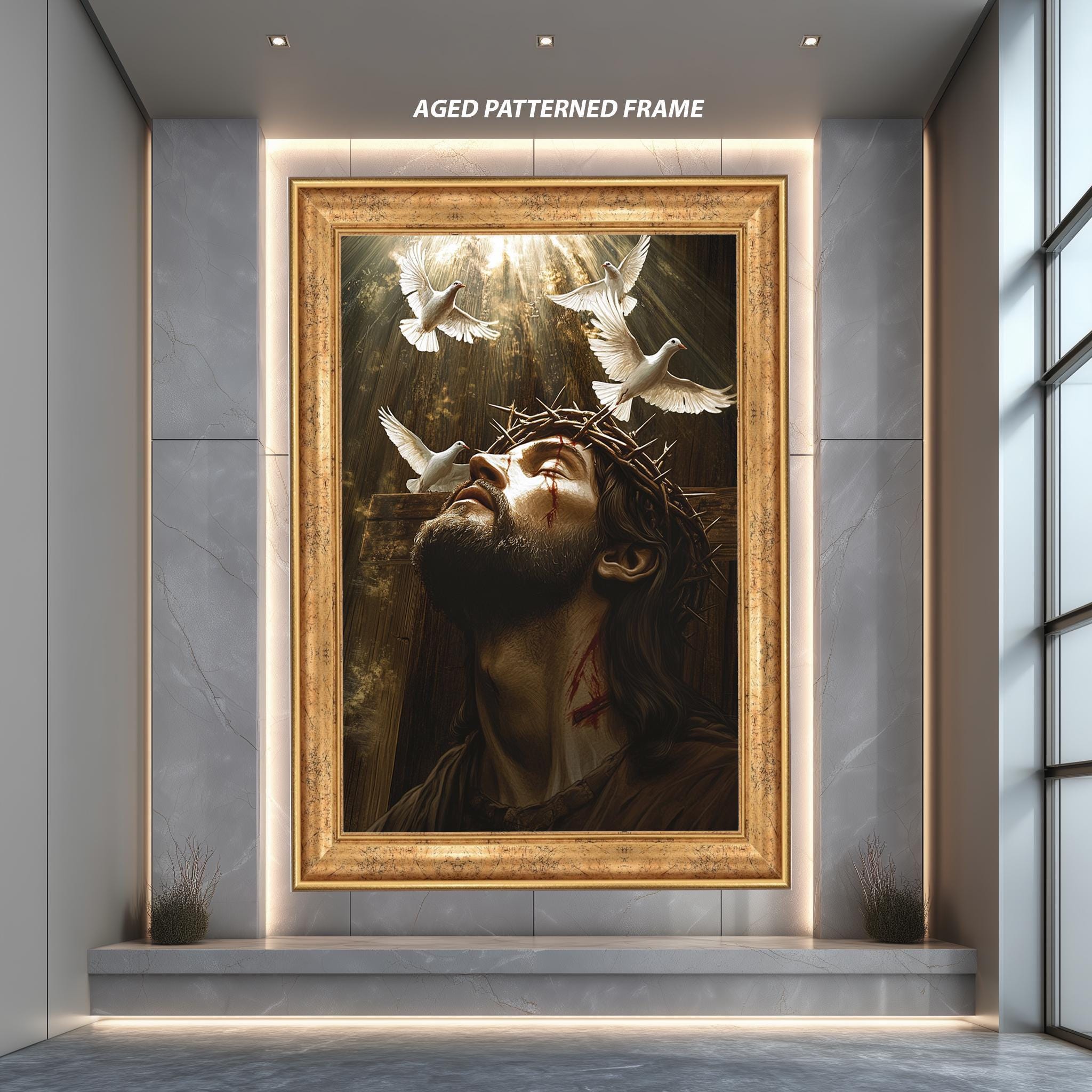 Jesus Christ Wall Art Print With Crown of Thorns and Doves, Christian ...