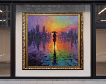 Sunset City Rain Oil Painting Woman with Umbrella Colorful Abstract Wall Art Rainbow Reflection Urban Canvas for Modern Home Decor