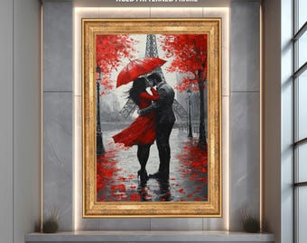 油絵　絵画　フランス　平和　自由　愛　Paris パリの愛の油絵 オリジナルの赤い傘の絵画 エッフェル塔のアート パリ