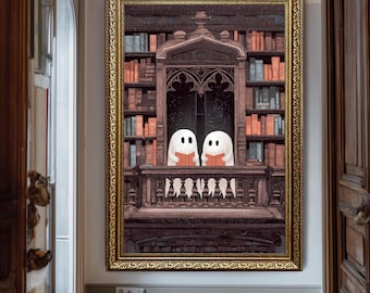 Lindo cuadro de arte de biblioteca con fantasmas, estilo gótico, decoración de pared de Halloween, estilo Dark Academia, ilustración de balcón de lectura espeluznante.