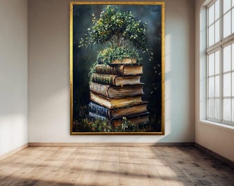 Lámina decorativa de pared con un árbol que crece a partir de libros, póster de fantasía y naturaleza para amantes de los libros, obra de arte sobre el crecimiento del conocimiento para la decoración de bibliotecas, salas de lectura o estudios.