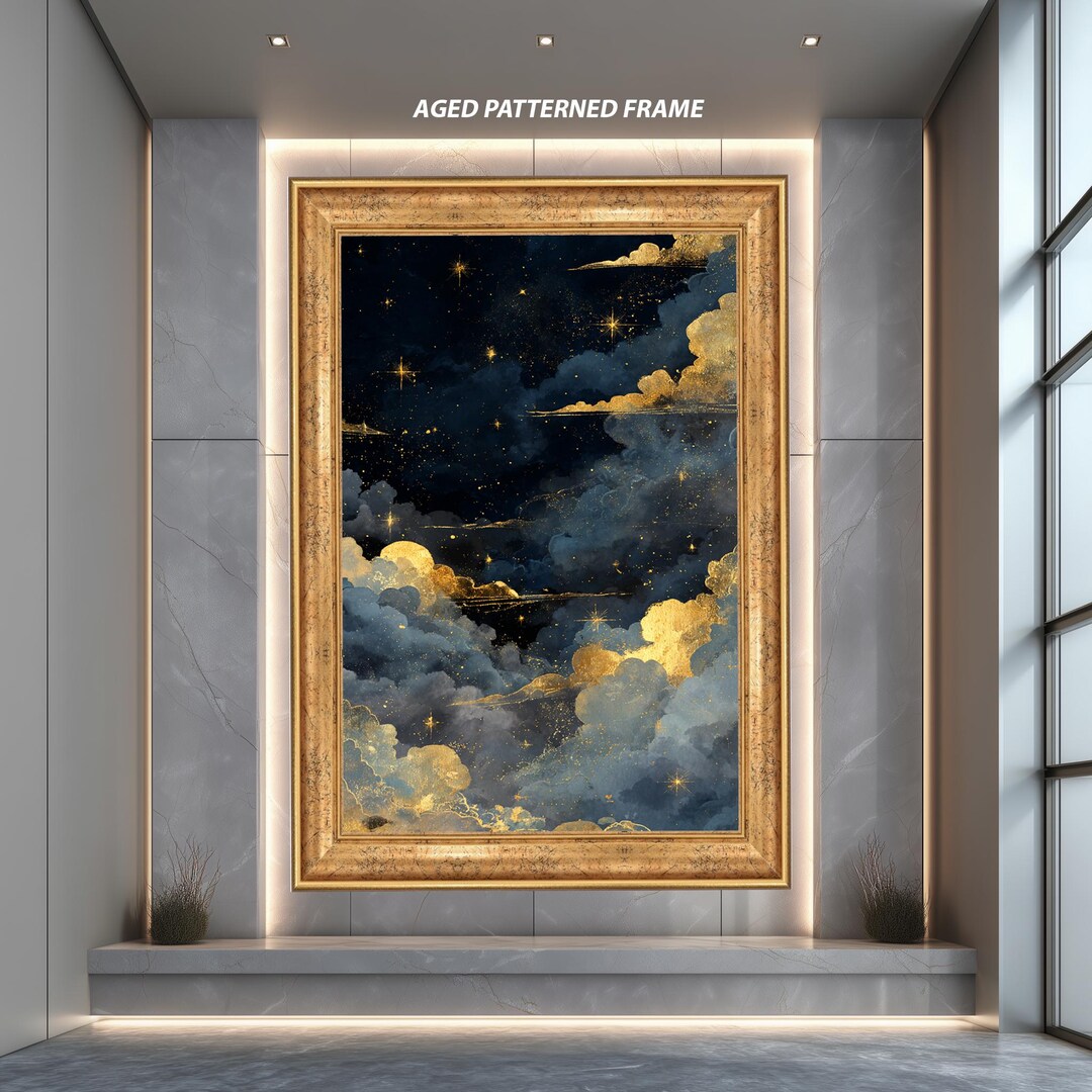 Celestial Gold Cloud Night Sky Canvas Wall Art, Mystical Stars and Moon ...