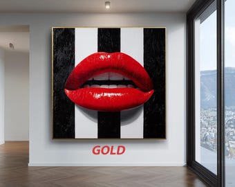 Cuadro decorativo de labios rojos en 3D estilo pop art con fondo a rayas. Escultura moderna de labios para una decoración del hogar impactante.