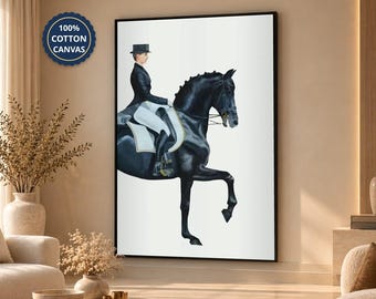 Equestrian Wall Art Print, Elegant Horse Rider Poster, Black Stallion Dressage Artwork, Modern Classic Equestrian Home Decor