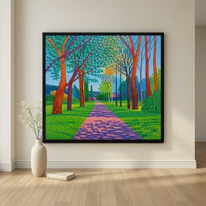 緑豊かな岩が描かれた、穏やかな滝のある森のアートプリント – 静寂な