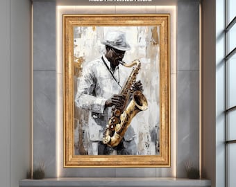 Op de afbeelding: Een olieverfschilderij van een muzikant die saxofoon speelt. Het kunstwerk toont een man in een wit pak en hoed, die een gouden saxofoon bespeelt. Het schilderij is gevat in een gouden, verouderde lijst.