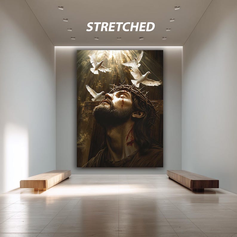Jesus Christ Wall Art Print With Crown of Thorns and Doves, Christian ...