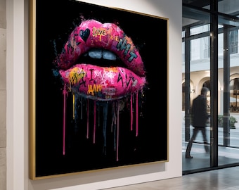 Graffiti Lippen Kunstdruck in Pink mit Neon Tropfen - Pop-Art Wanddekoration für urbane, feminine oder auffällige Interieurs