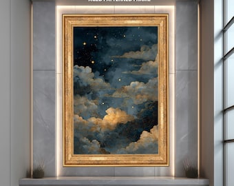 Goldene Himmliche Wolke Leinwand Wandkunst, Sternenhimmel Leinwand Druck, Verträumtes Blau und Gold Kosmische Kunstwerk für Schlafzimmer oder Büro Dekor