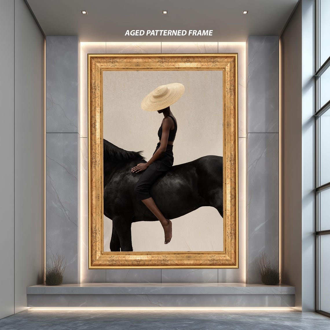 Minimalist Fashion Photography Wall Art, Woman on Black Horse Print
