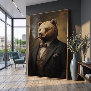 Distinguished Bear Portrait Canvas, Dapper Animal Wall Art, Gentleman Bear with Cigar, Vintage Style Canvas Decor, Sophisticated Wildlife