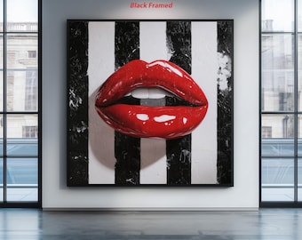Arte mural 3D de labios rojos sobre rayas blancas y negras, escultura de labios de arte pop, decoración moderna y llamativa, acento de pared para el hogar, la oficina o el salón de belleza.