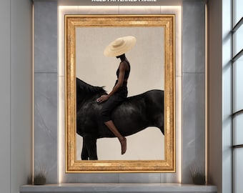 Fotografía minimalista de moda para pared, lámina de mujer a caballo negro, decoración moderna y neutra, póster de arte contemporáneo para el hogar.