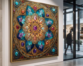 Glasmalerei-Wandkunst mit Gold- und Edelstein-Details - Boho spirituelle Wohndekoration für heiligen Raum oder Meditationsraum