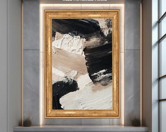 May include: An abstract painting with thick brushstrokes in black, white, and beige tones, set within a gold, aged patterned frame. The artwork is displayed in a modern interior setting, with the text "AGED PATTERNED FRAME" above.