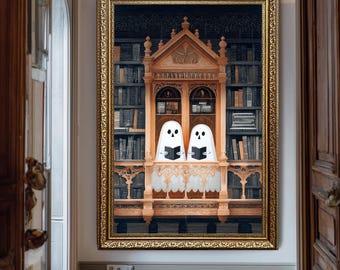 Impressão artística de biblioteca gótica com fantasmas, ilustração fofa e assustadora de leitura, decoração de parede de Halloween no estilo Dark Academia, tela assombrada para amantes de livros.