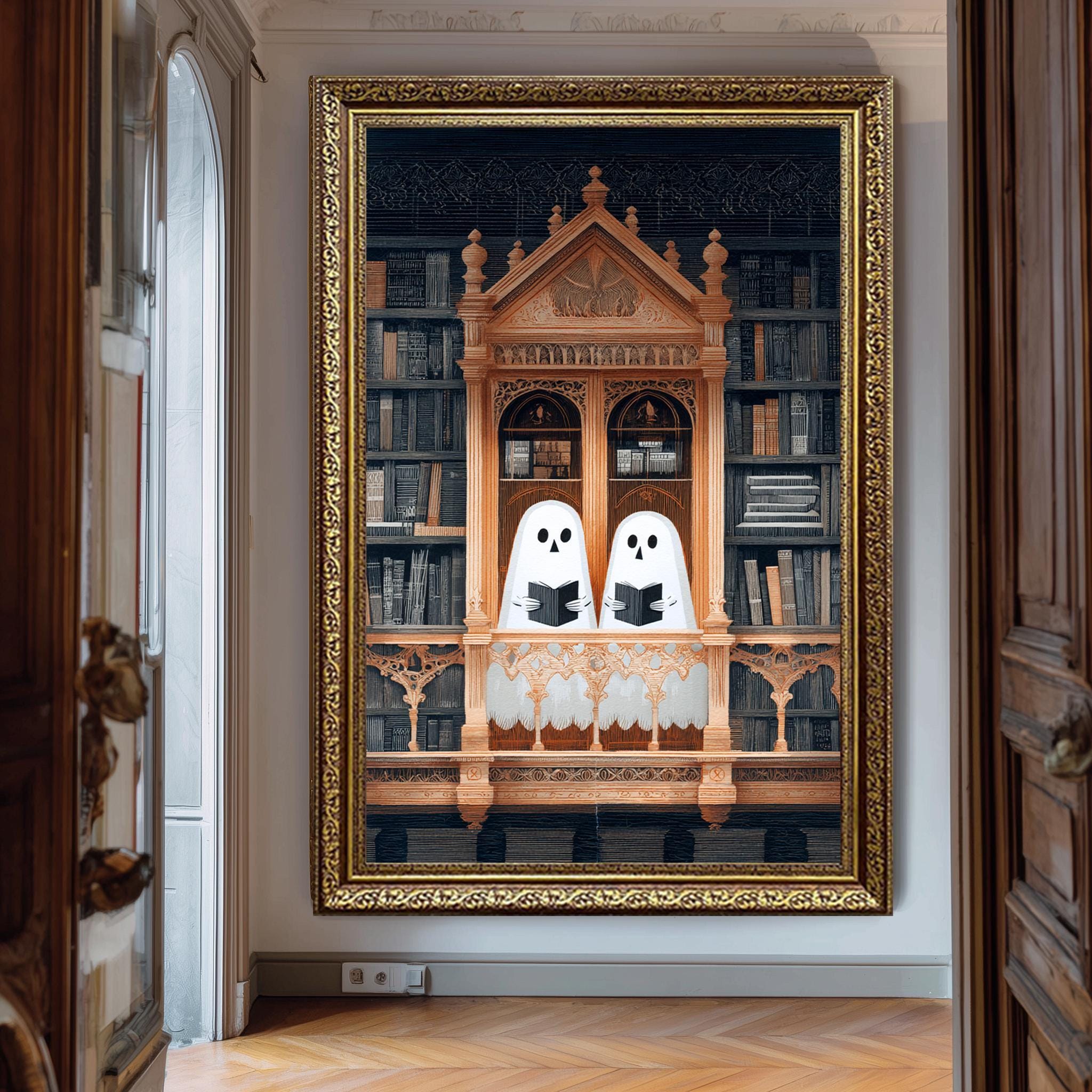Gothic Library Ghost Art Print Cute Spooky Reading Illustration Dark ...