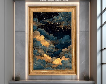Gold Sterne Wolke Nachthimmel Leinwand Wand Kunst, Celestial Cosmic Leinwand Druck, Eleganter Verträumter Mond und Sterne Schlafzimmer oder Büro Dekor