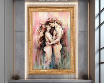 Romantic Couple Wall Art Print, Intimate Watercolor Lovers Poster, Sensual Abstract Love Artwork, Passionate Modern Home Decor